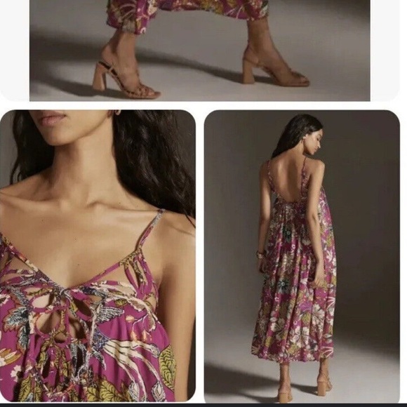 Anthropologie Bird Floral Maxi Dress Boho Magenta Strappy Cutout Pink Size 2X - Picture 1 of 12